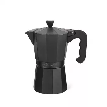 Moka-Kanne Maestro MR-1666-6-Schwarz — manuelle Espressokanne für den Herd, 6 Tassen, 300 ml, schwarzes Aluminium