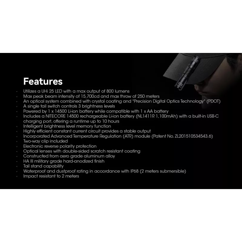 Handtaschenlampe Nitecore MT1A Pro — LED 50 lm, USB wiederaufladbar, 1100 mAh, Aluminium, wasserdicht, stoßfest, schwarz