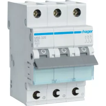 Hager MBS325. Bemessungsstrom: 25 A, Eingangsfrequenz: 50/60 Hz. Typ: B-Typ, Anzahl der Module (max.): 3 Module. Breite: 52,5 mm, Tiefe: 70 mm, Höhe: 83,4 mm (MBS325)