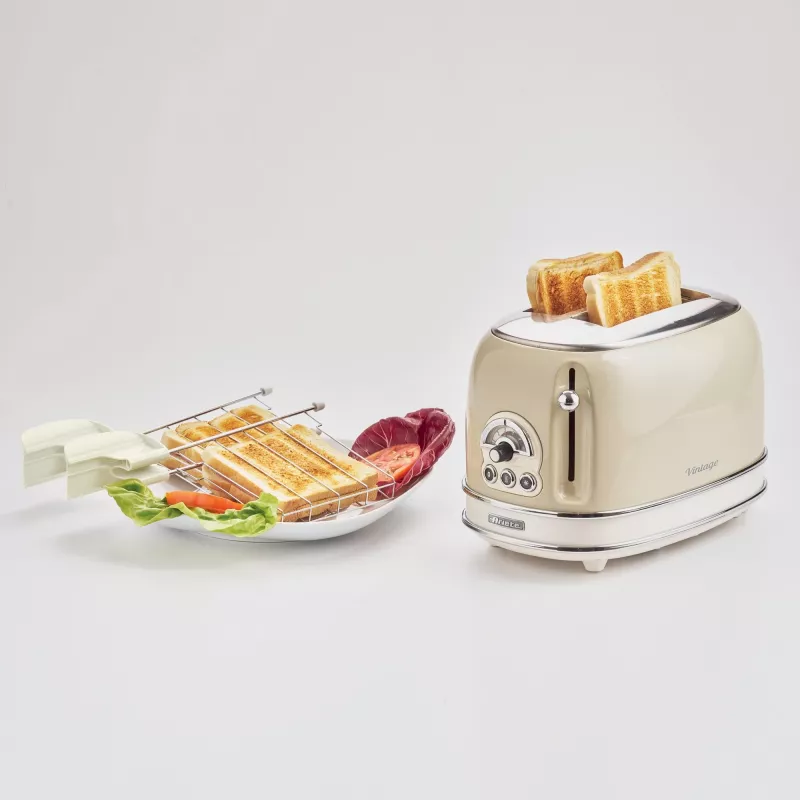 Ariete 155 Design 2-Scheiben-Toaster mit Sandwich-Körben, 6 Bräunungsstufen, 810 W, Edelstahlgehäuse, herausnehmbare Krümelschublade, Pastellbeige
