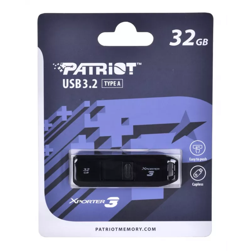 USB-Flash-Laufwerk PATRIOT Xporter 32 GB USB Typ-A 3.2 Gen 1, Lesegeschwindigkeit 80 MB/s, Slide-Design, schwarz