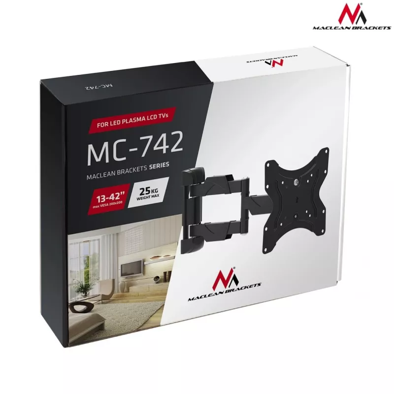 TV-Wandhalterung MACLEAN MC-742 für 42 Zoll (106,7 cm), neigbar -12°/+12°, VESA 75x75–200x200, max. Belastung 30 kg, schwarz