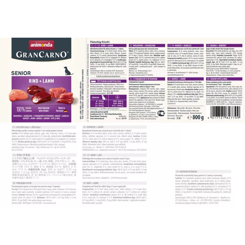 Nassfutter für Hunde animonda GranCarno Senior Rind + Lamm Dose 800 g, Protein 10,5 %, Fett 8,5 %