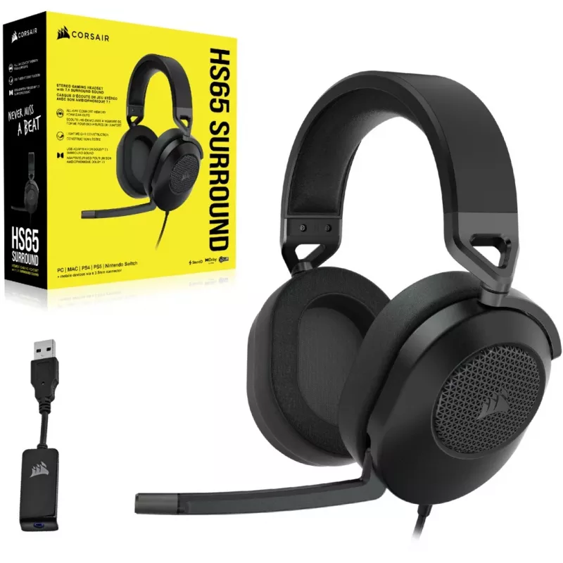 Headset CORSAIR HS65 SURROUND kabelgebundenes Gaming-Headset, ohrumschließend, 3,5 mm + USB-Adapter, 32 Ω, 282 g, carbon