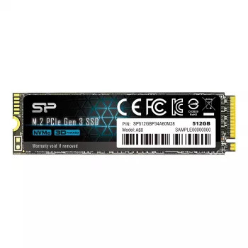 SSD M.2 NVMe Silicon Power P34A60 512 GB — PCIe, Lesen 2200 MB/s, Schreiben 1600 MB/s, NVMe 1.3