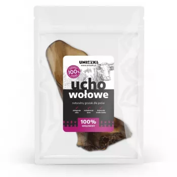 Hundekauartikel UNISZKI Medium Rinderohr — einzelner natürlicher Kauartikel für mittelgroße und ausgewachsene Hunde, Protein 75,8 %, Feuchtigkeit 14,9 %