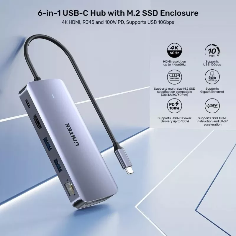 UNITEK Aktiver Hub USB-C 10GBPS,M.2,HDMI, PD 100W