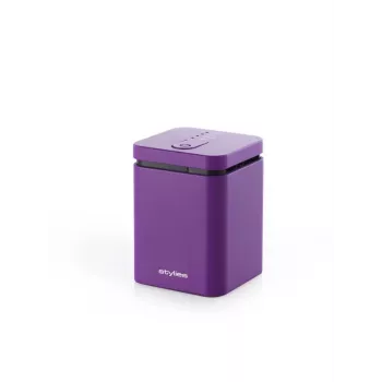 Verdampfender Aromadiffusor Stylies ELARAPURPLE für Räume bis 25 m² — lila, rechteckig, Netz-/Batterie-/USB-Betrieb, Duftkartusche, 2-Stunden-Timer, 74×74×100 mm, 1,3 W