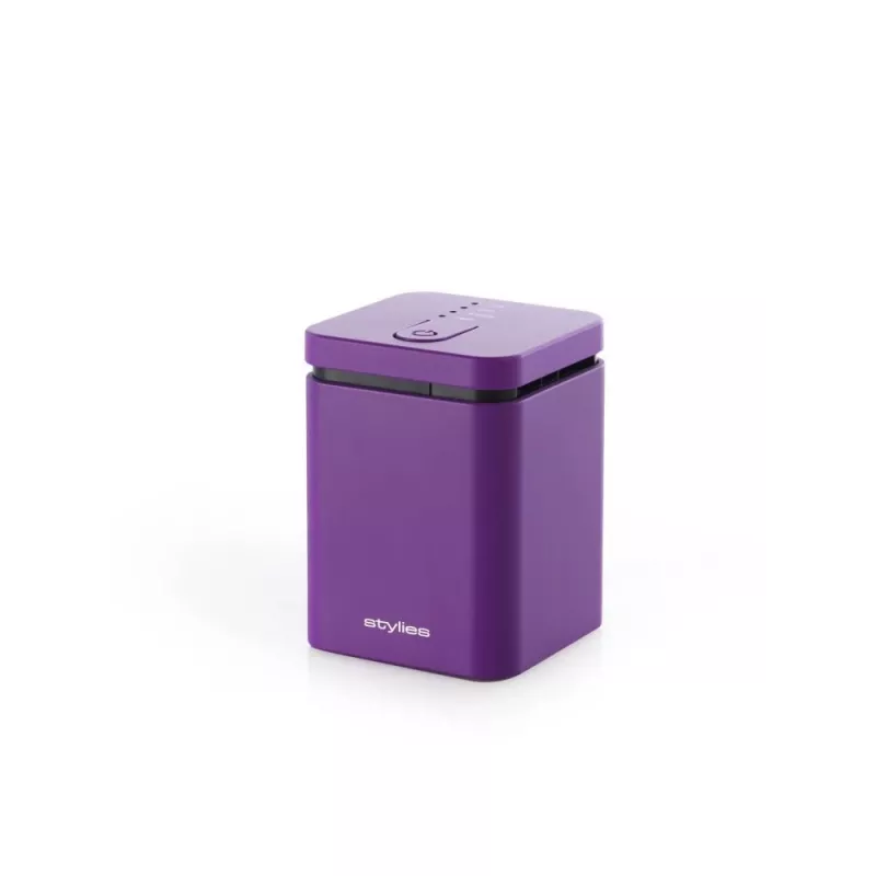 Verdampfender Aromadiffusor Stylies ELARAPURPLE für Räume bis 25 m² — lila, rechteckig, Netz-/Batterie-/USB-Betrieb, Duftkartusche, 2-Stunden-Timer, 74×74×100 mm, 1,3 W
