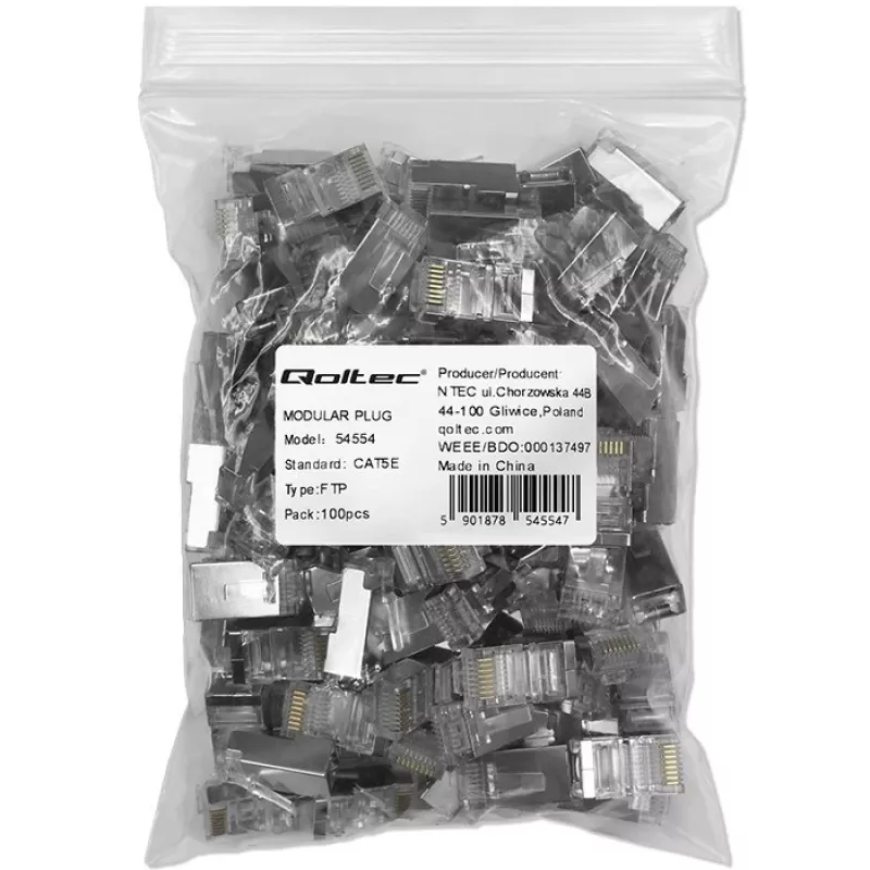 Modularer RJ45-Stecker QOLTEC 54554 CAT5e FTP, 100 Stück, silber, Kunststoff, 11×22×18 mm