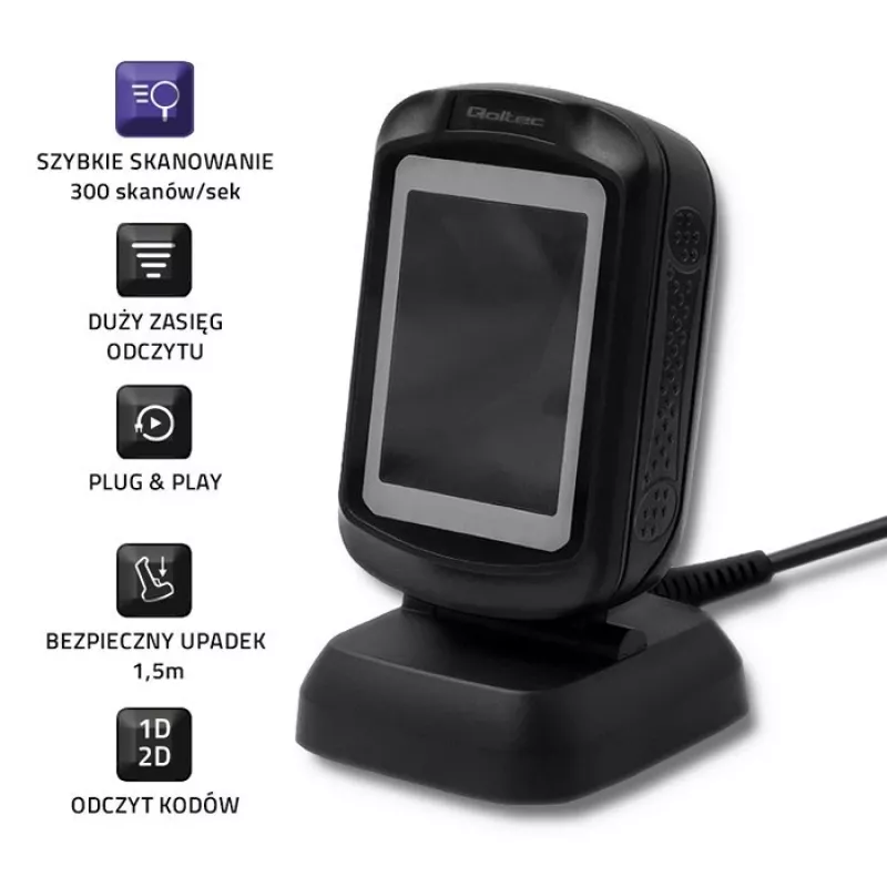 Fester 1D/2D-Barcodeleser QOLTEC 50864, LED-Sensor, USB (kabelgebunden), schwarz, 145×85×80 mm