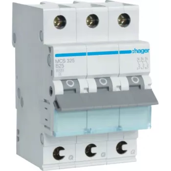 Hager MCS325. Bemessungsstrom: 25 A, AC-Eingangsfrequenz: 50/60 Hz. Typ: C-Auslösecharakteristik, Module Quantity (max): 3 Module(e). Breite: 52,5 mm, Tiefe: 70 mm, Höhe: 83,4 mm (MCS325)