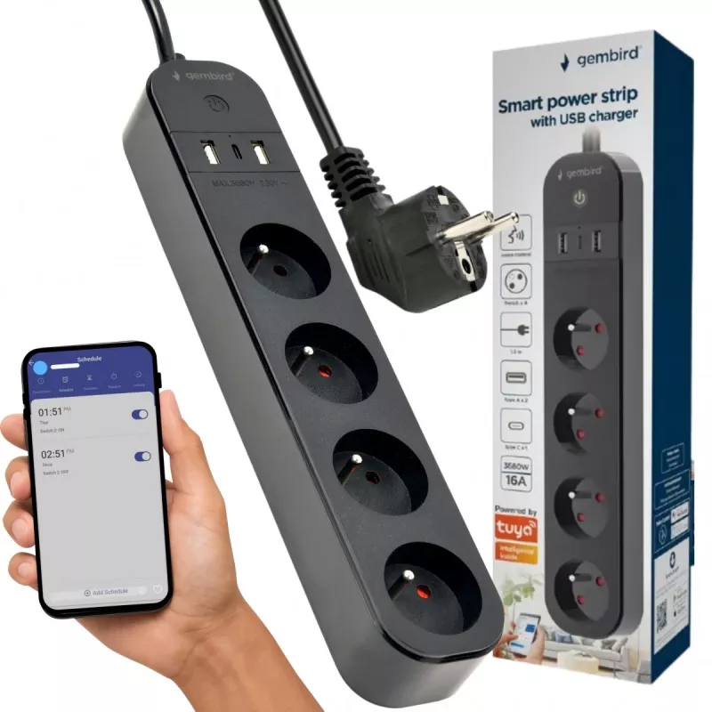 Steckdosenleiste GEMBIRD TSL-PS-F4U-02 mit 4 PL-Steckdosen und USB-Ladegerät, schwarz