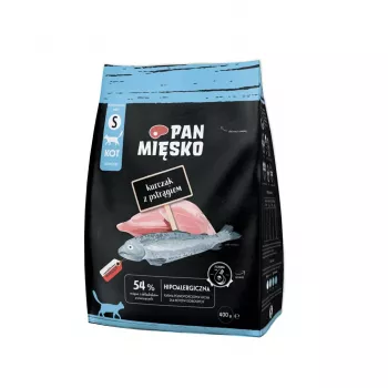 Trockenfutter für Katzen Pan Miesko Huhn mit Forelle S, Komplettes Trockenfutter, 400 g, 39 % Protein, 16 % Fett
