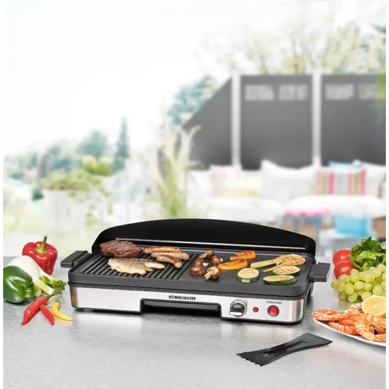 Elektrischer Tischgrill Rommelsbacher BBQ 2003 — 1900 W, 50×25 cm, gerippt + Teppanyaki, stufenloser Thermostat, silber/schwarz