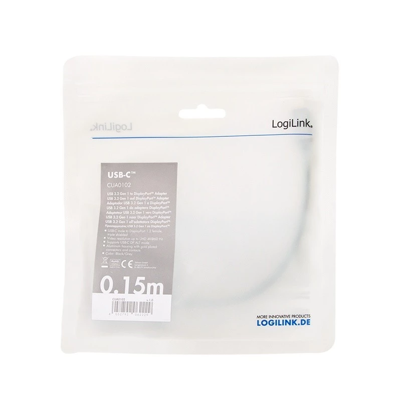 LogiLink CUA0102 USB 3.2 Gen1 Typ-C auf DisplayPort Kabel 0,15 m Schwarz