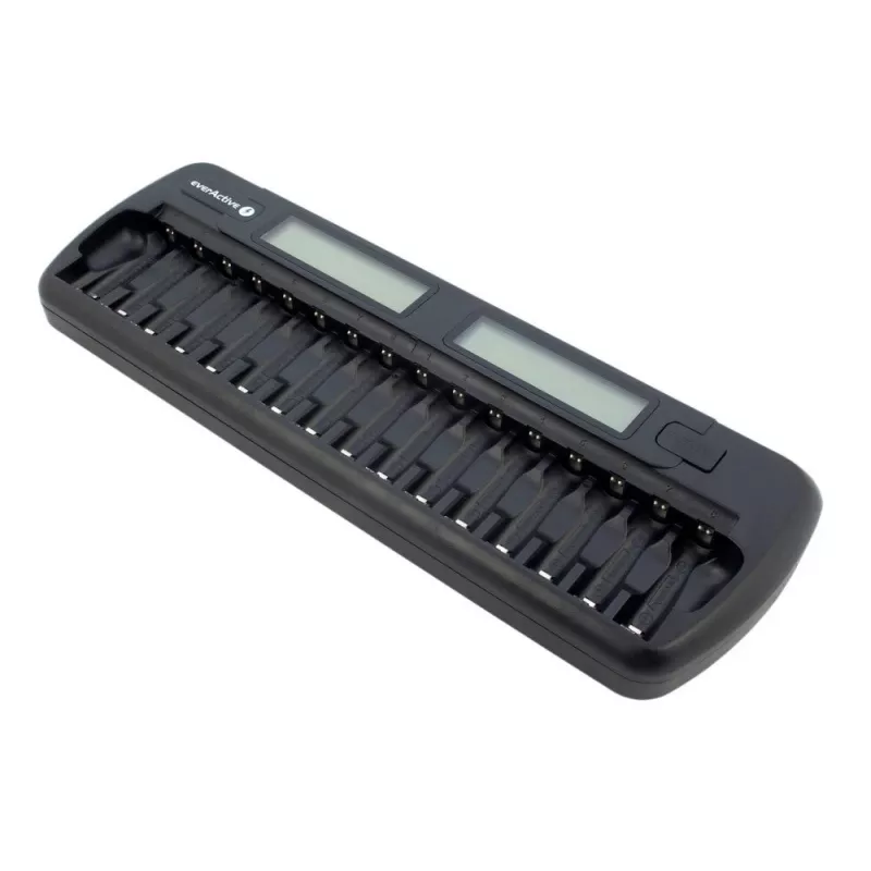 Batterieladegerät everActive NC-1600 — universelles DC-Ladegerät für Li-Ion, unterstützt 16 Zellen, kompatible Größen AA/AAA/C, schwarz, AC 100–240V 50–60Hz