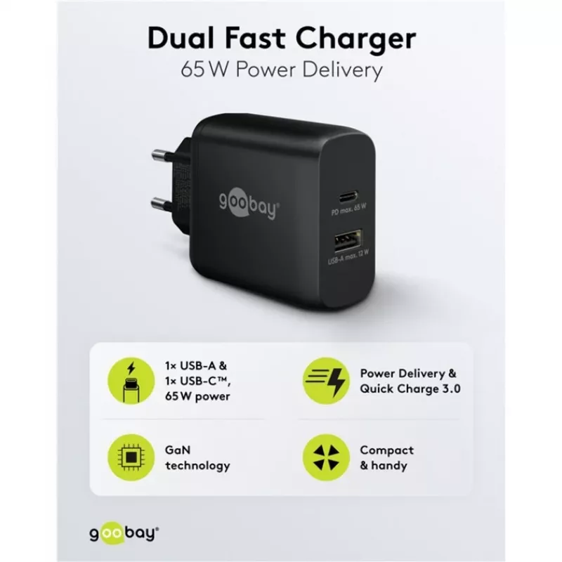 USB-C Dual-Fast Charger, PD, GaN, 65 Watt (schwarz, 1x USB-C, 1x USB-A, Power Delivery)