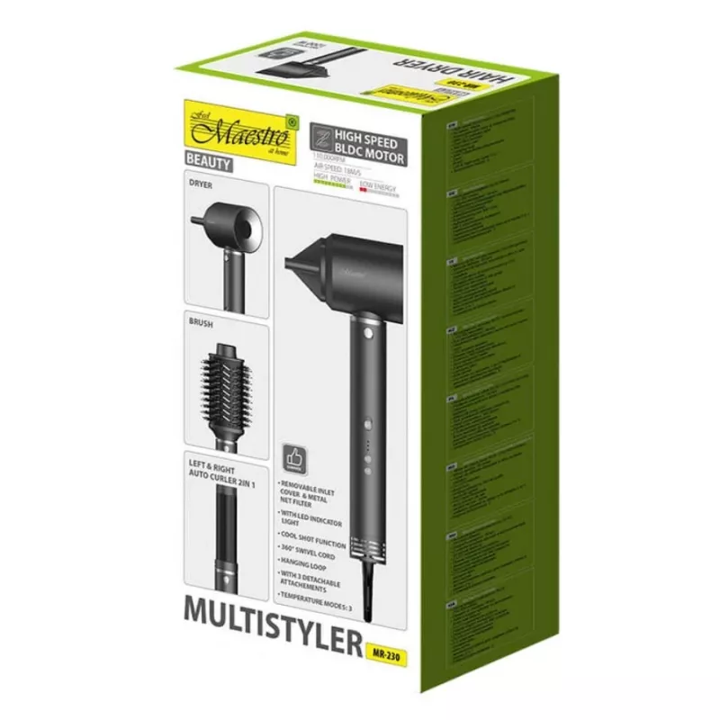 Multistyler 3in1 Haarpflegeset Maestro MR-230 — Haartrockner, Trockenbürste und automatischer Lockenstab, 1200 W, BLDC-Motor, 3,5 cm Locken, 2 Hitzestufen, schwarz