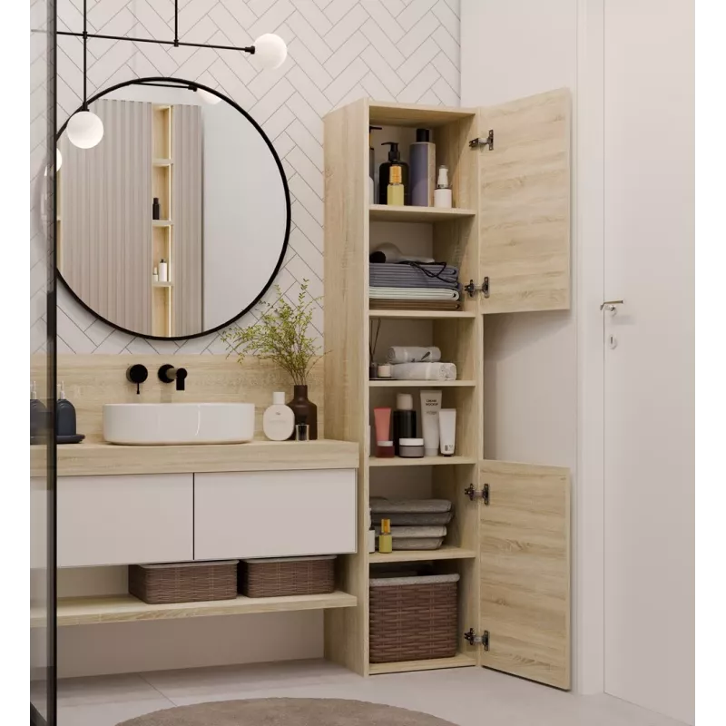 Badezimmer-Standschrank Top e shop S40 SONOMA — Eichenfarbener Rahmen, freistehend, 6 Regalböden, 400×300×1700 mm