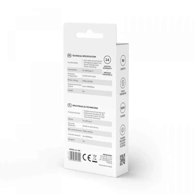 USB-C-zu-USB-C-Kabel SAVIO CL-159 1 m, USB 2.0 (480 Mbit/s), schwarz, 2,1 A