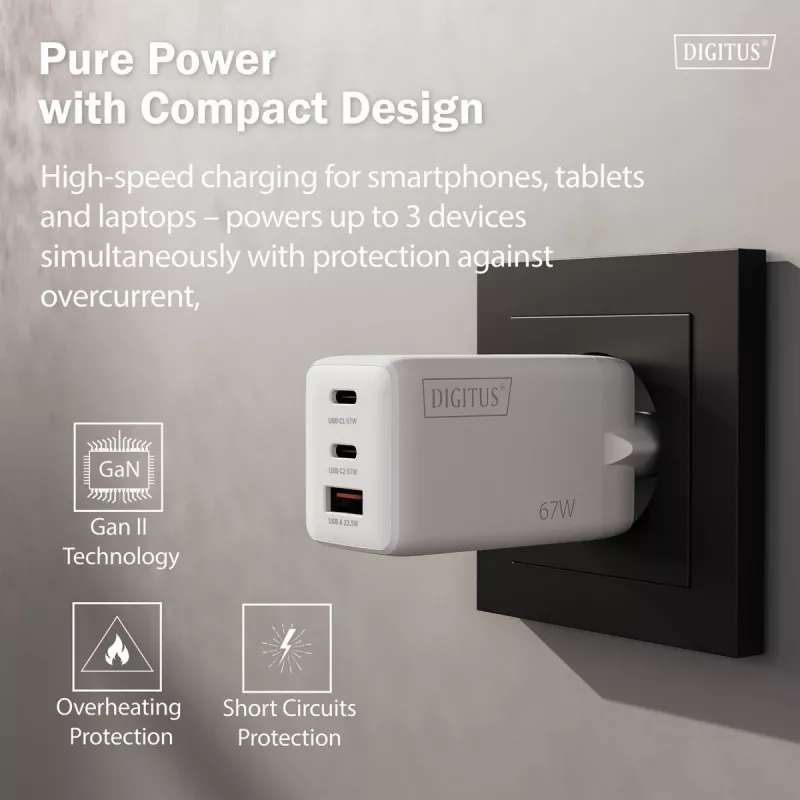 Wandladegerät DIGITUS DA-10303 67W GaN, 2× USB-C + 1× USB-A, 100–240V, weiß