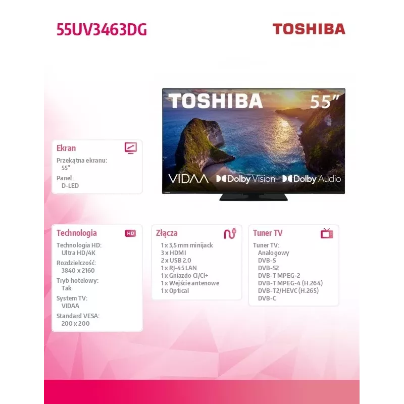 TV Toshiba 50UV3463DG 55 Zoll 4K Ultra HD DLED 3840 x 2160