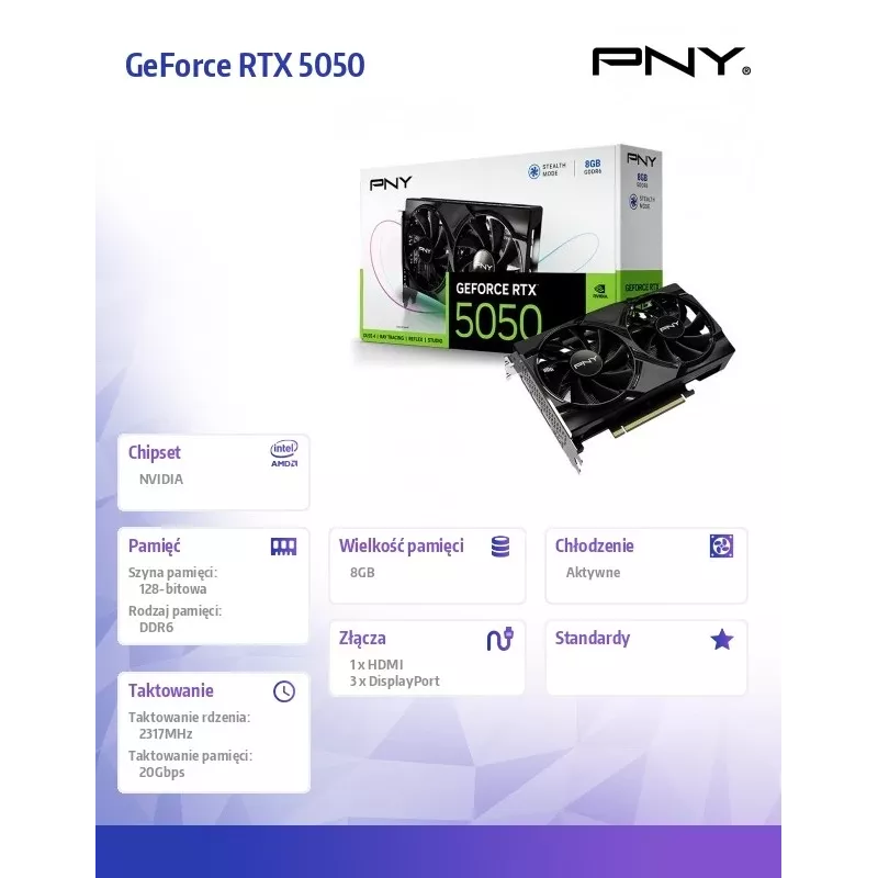 Grafikkarte PNY GeForce RTX 5050 – 8 GB GDDR6, 2317 MHz, 128-Bit, PCIe x8 5.0, Dual-Fan-Kühlung