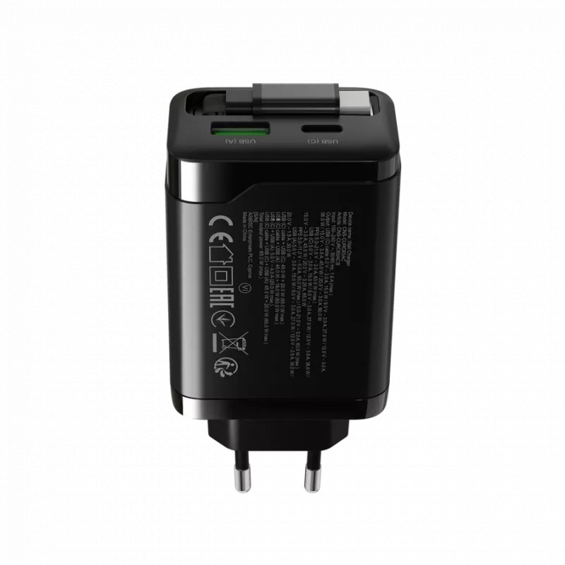 Ladegerät CANYON OnCharge 65RC mit integriertem USB-C-Kabel, 65 W, 1x PD, 1x QC, EU-Stecker, Schwarz