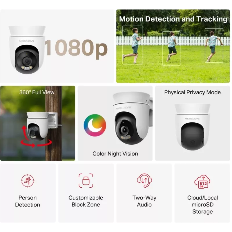IP-Überwachungskamera MERCUSYS MC500 1080p WDR Wi‑Fi Außen-Glühbirne IP65 PoE/DC 2‑Wege-Audio 340° Schwenk 9x optischer Zoom