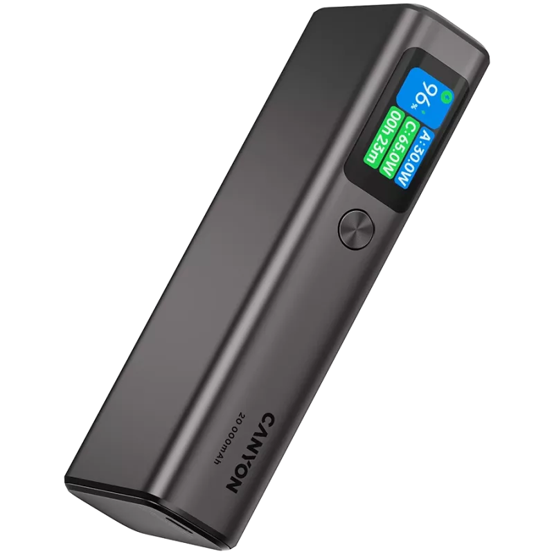 Canyon OnPower 230 TFT Powerbank, 20000 mAh, PD 130 W, 2x USB-C + USB-A, Metallgehäuse, Dunkelgrau
