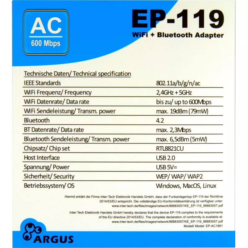 USB-WLAN-/Bluetooth-Adapter INTER-TECH EP-119, Wi-Fi 5 (802.11ac) Dualband 600 Mbit/s