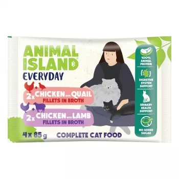 ANIMAL ISLAND Huhn / Wachtel & Huhn / Lammfilets in Brühe - Nassfutter für Katzen - 4x85g