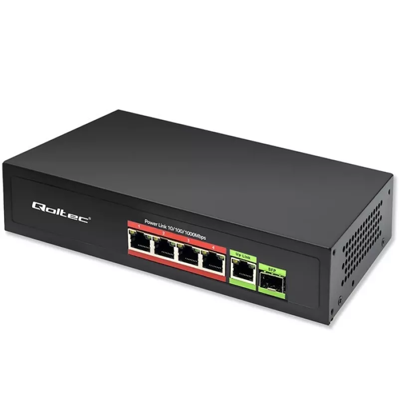 Ethernet PoE Switch QOLTEC 52296 — 4x RJ45 PoE-Ports, 1x RJ45 Uplink