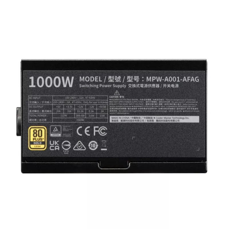 Cooler Master MPW-A001-AFAG-BEU Gold 80+ 1000W Netzteil, INTEL ATX 3.1, 135mm, FDB-Lüfter mit langer Lebensdauer