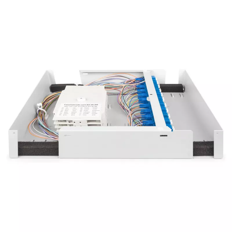 Glasfaser-Wandgehäuse DIGITUS DN-96843M-OS2, Singlemode, vormontiert, 24×LC DX-Adapter mit Pigtails, Stahl, grau, 320×54×280 mm