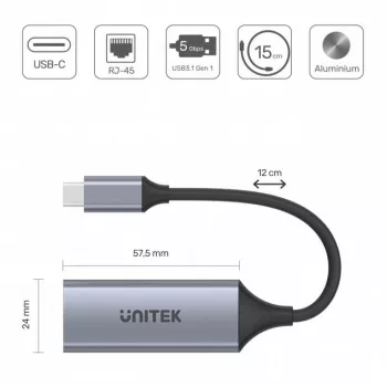 Netzwerkkarte Unitek U1312A, IEEE 802.3, Grau, 0,5 m Kabel