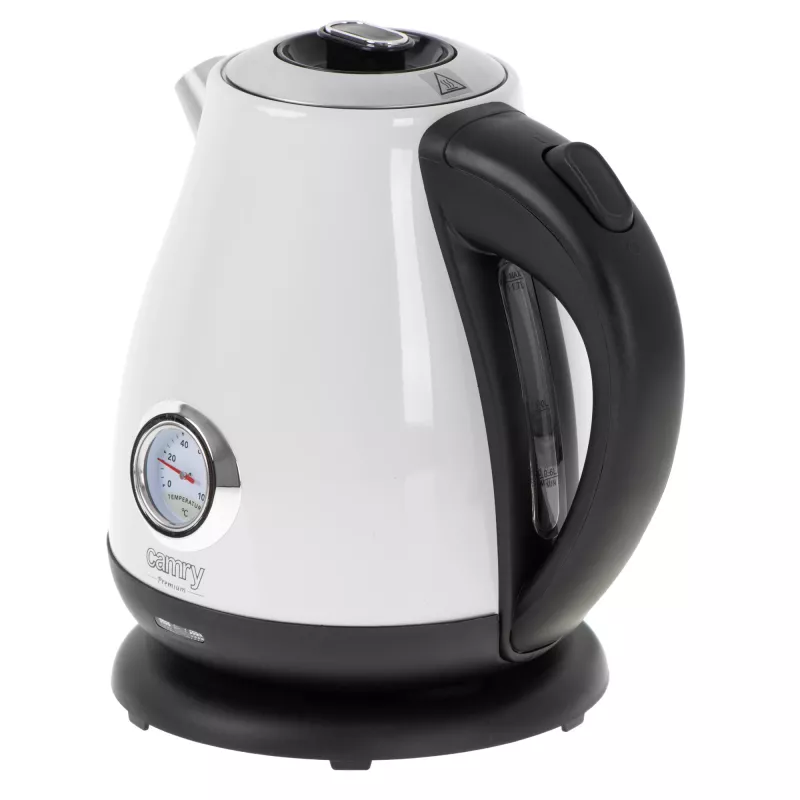 Wasserkocher Camry CR 1344 — 1,7 l, 2200 W, Edelstahl, integriertes Thermometer, 360°-Basis, weiß