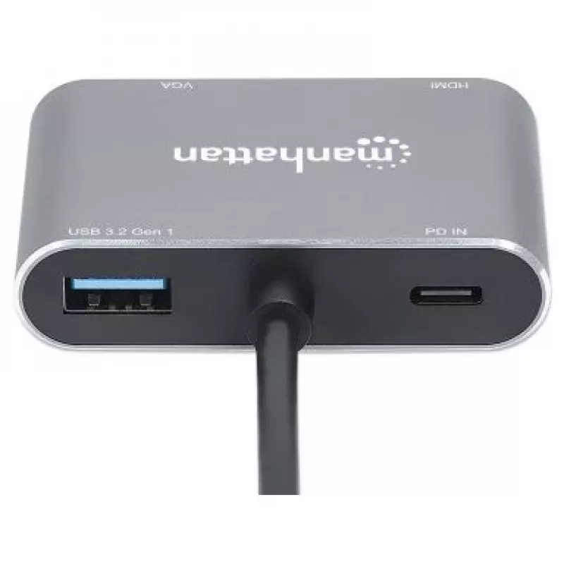 Manhattan USB-C Dock/Hub, Anschlüsse (x4): HDMI, USB-A, USB-C und VGA, mit Power Delivery (PD) 87W – externes USB-C-Ladegerät erforderlich (nicht im Lieferumfang). USB-betrieben (kein externes Netzteil erforderlich), wenn PD nicht verwendet wird, Aluminium