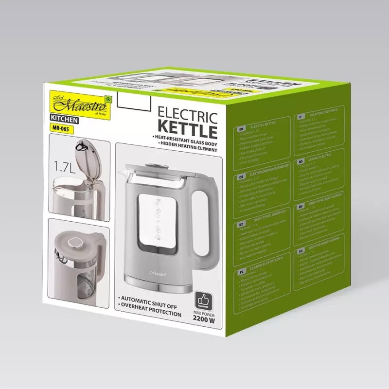 Maestro MR-065-BEIGE Elektrischer Wasserkocher 1,7 L, 2200 W, Glasgehäuse, beige