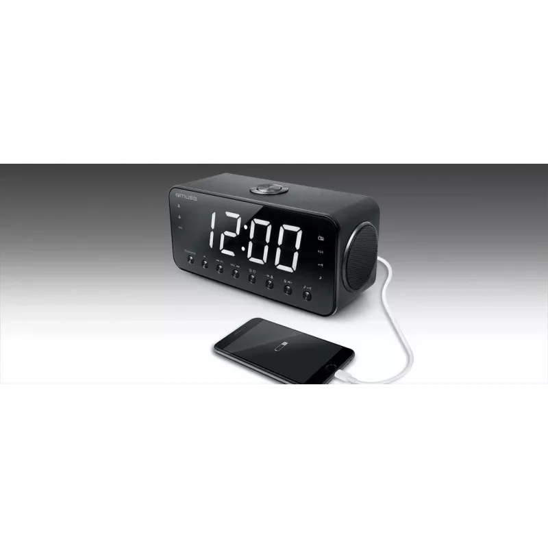 Weckerradio Muse M-192 CR — Digitaluhr, FM-Tuner, 1,8-Zoll-LED-Anzeige, schwarzes Holz, AC 100–240V, AAA-Backup