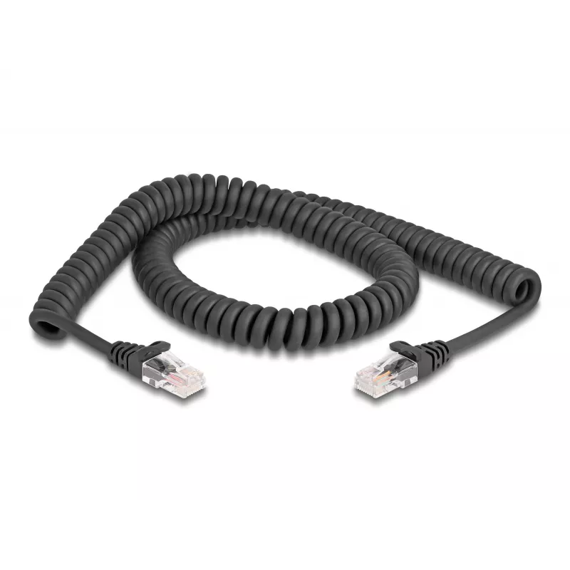 DeLOCK RJ45 Spiralkabel, Stecker – Stecker, Cat.5e, 2 m, schwarz