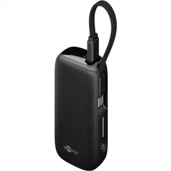 Powerbank 5.000 mAh, integriertes USB-C-Kabel 13 cm, 20 Watt (Schwarz, 5 Ah, 1x USB-A, 1x USB-C, PD, QC)