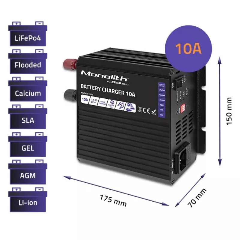 Qoltec Smart Monolith Batterieladegerät für LiFePO4 AGM GEL SLA-Batterien | 10A | 12V