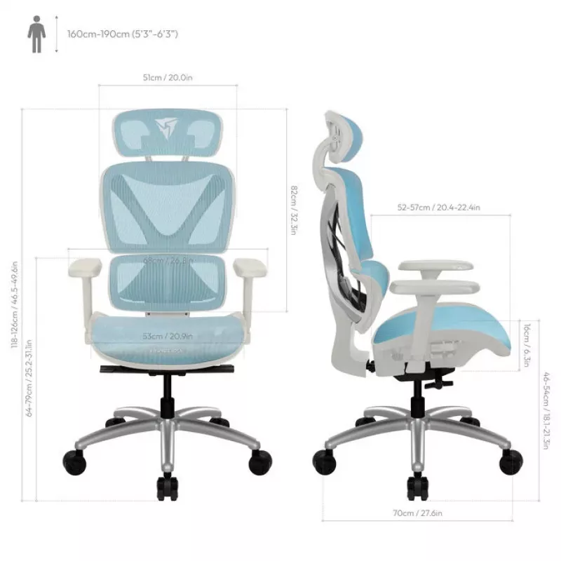 Ergonomischer Bürostuhl thunder x3 TEGC-3073102.B1 — Weiß-blaue Polsterung, verstellbare Armlehnen, hohe Rückenlehne