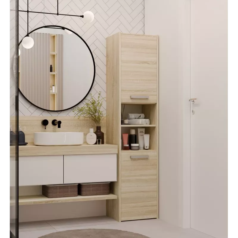 Badezimmer-Standschrank Top e shop S40 SONOMA — Eichenfarbener Rahmen, freistehend, 6 Regalböden, 400×300×1700 mm