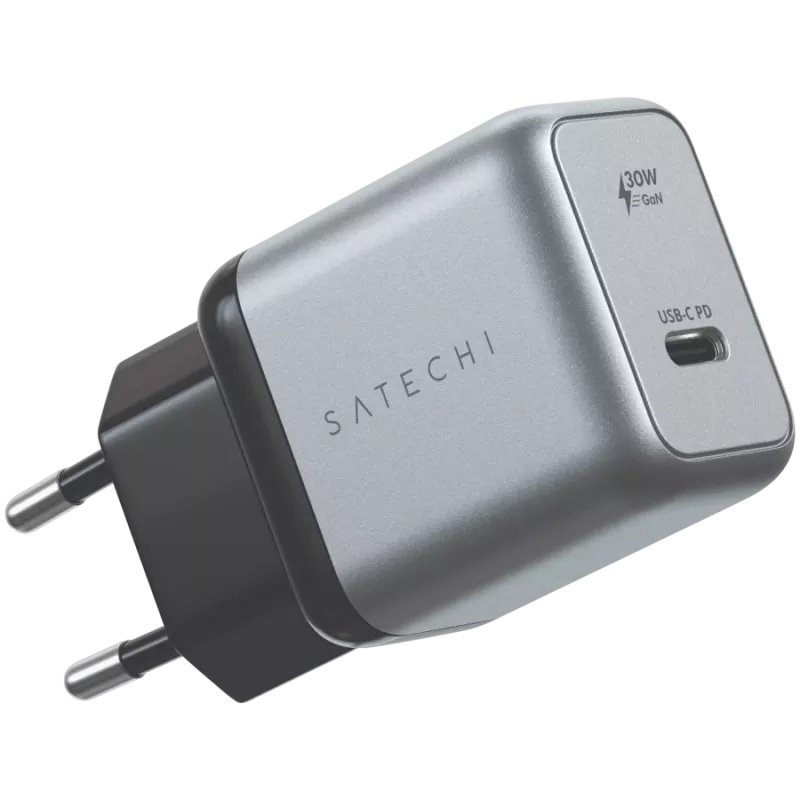 Ladegerät für Mobilgeräte Satechi ST-UC30WCM-EU — Universelles AC-Ladegerät für den Innenbereich mit 1× USB-C, Schwarz/Silber
