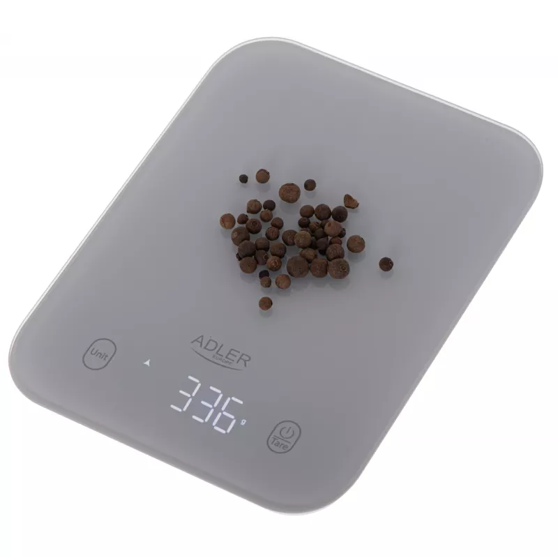 Küchenwaage Adler AD 3181, gehärtetes Glas, 10 kg Kapazität, 1 g Genauigkeit, LCD-Anzeige, grau