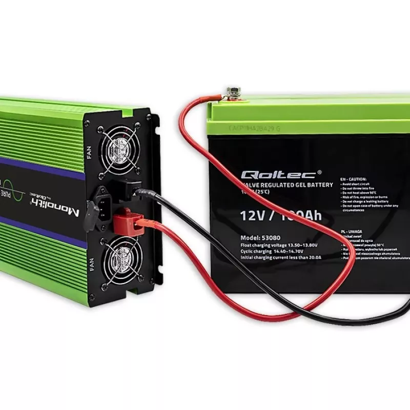 Qoltec Monolith Spannungswandler | Batterieladung | USV | 2000W | 4000W | 12V auf 230V | Reine Sinuswelle | LCD schwarz-grün