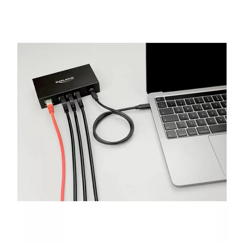 USB-Hub DELOCK 3-Port 5 Gbit/s mit RJ45 Gigabit PoE++ und USB Type-C-Host, Metallgehäuse, 1,5 kV Isolation, schwarz